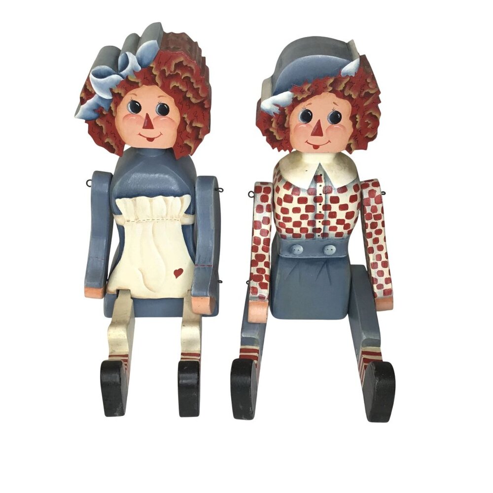 VTG Hand Painted Wood Raggedy Ann Andy Style Jointed Doll Folk Art Shelf Sitters
